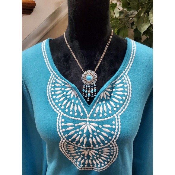 JM Collection Women's Blue Cotton V-Neck Long Sleeve Casual Top Blouse X-Large - Picture 2 of 14